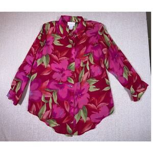 Susan Graver Women Medium Pink Red Sheer NWT Button Front Hawaiian Blouse Top